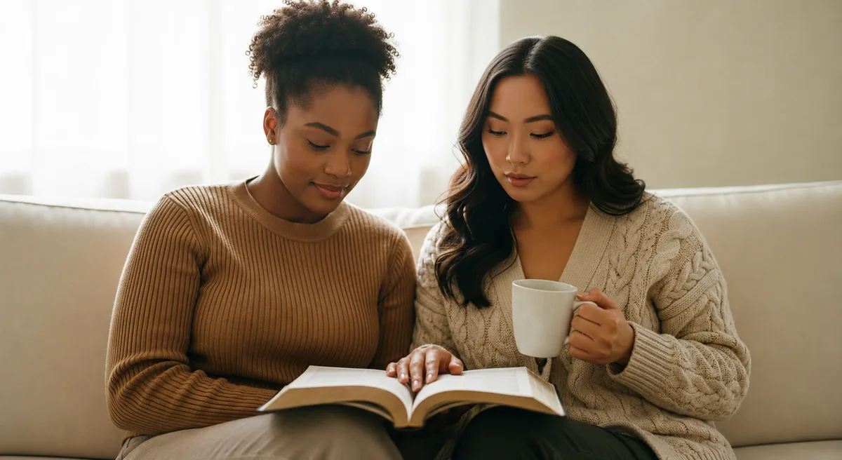 Two women reading together