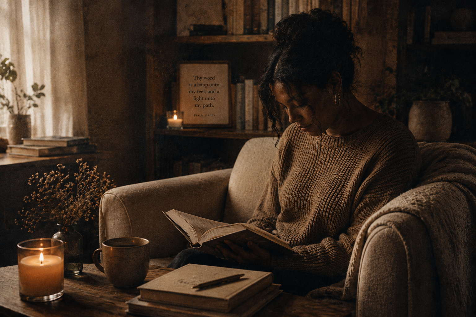 A woman reading in a warm reading room