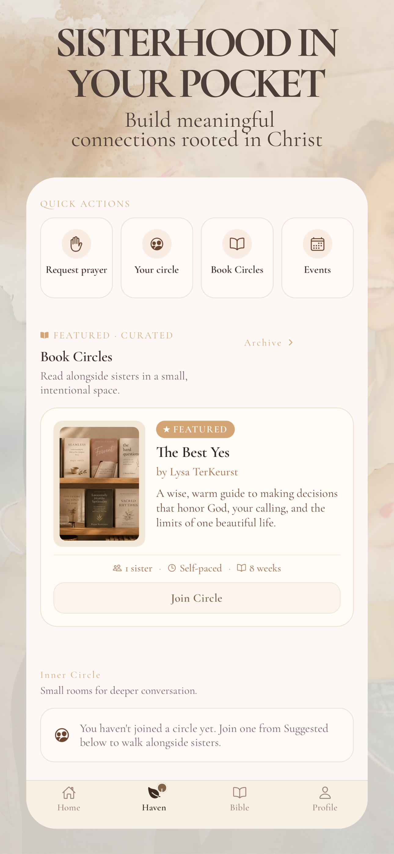HVN home screen with book circles, prayer, events, and sisterhood features